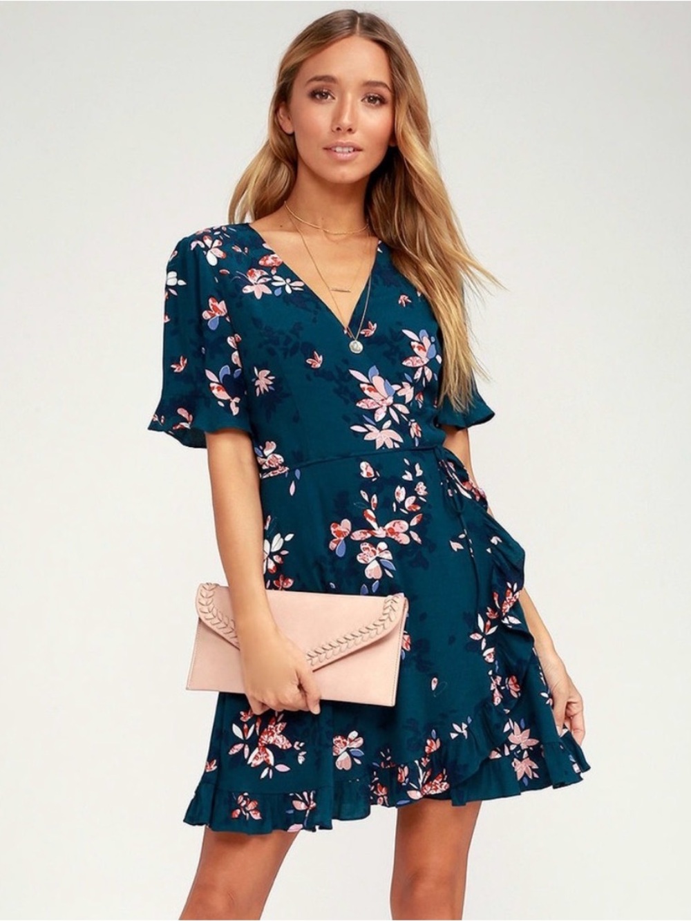 Lulus Dalton Teal Blue Floral Print Ruffled Wrap Dress Flutter Sleeves V-Neck